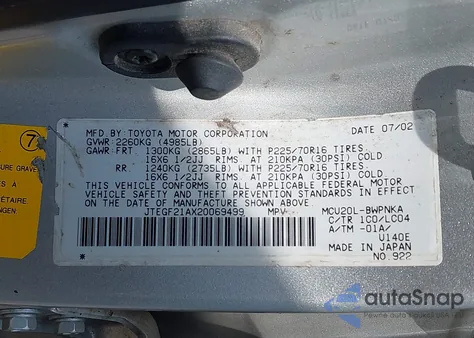 2002 Toyota Highlander Limited V6 из США, поврежденный, VIN JTEGF21AX20069499